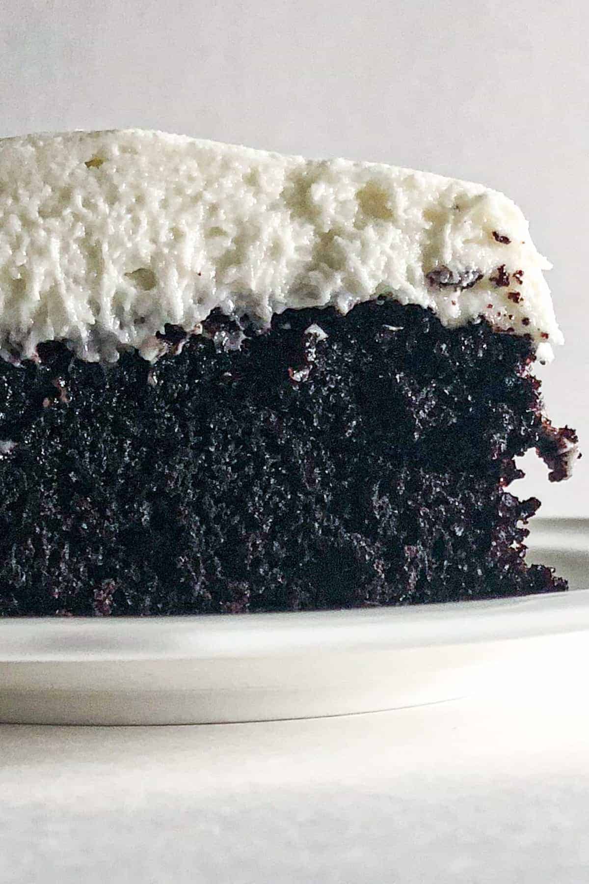 Chocolate cake with frosting on a plate.