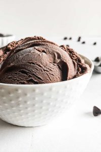 Chocolate ice cream in a white bowl