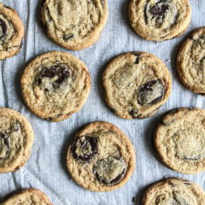 chocolate chip cookies on parchment paper