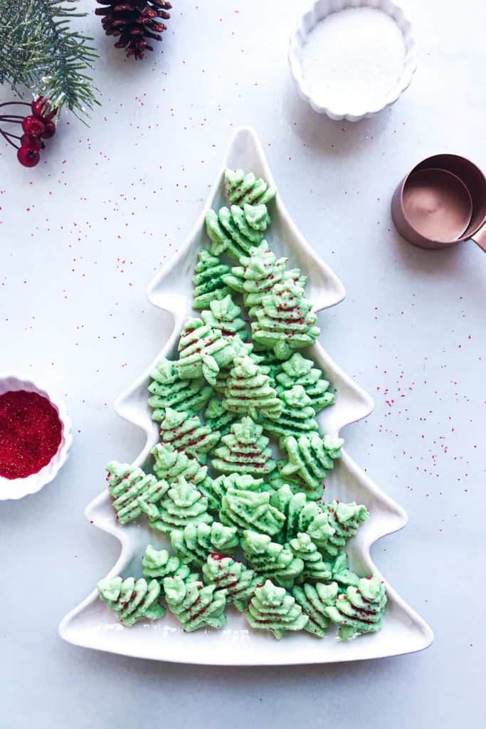 christmas spritz cookies on a tree platter