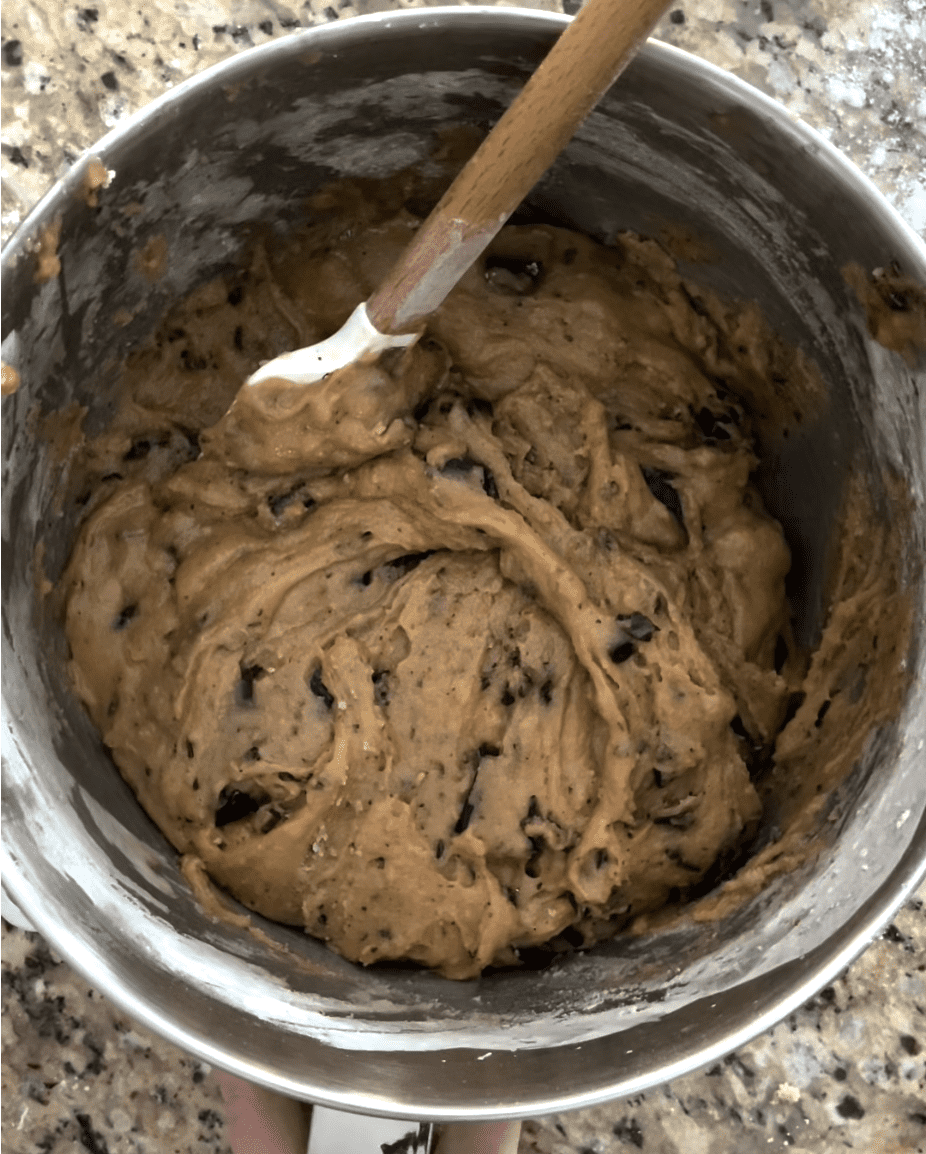 Chocolate chips mixed in to the batter.