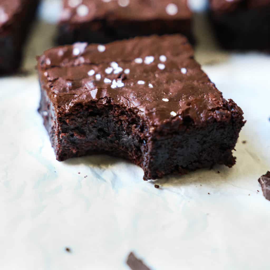 dark chocolate brownie with a bite out of it